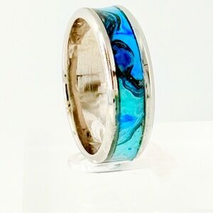 Vibrant Silver Ring with Blue Swirl Size 13 #005